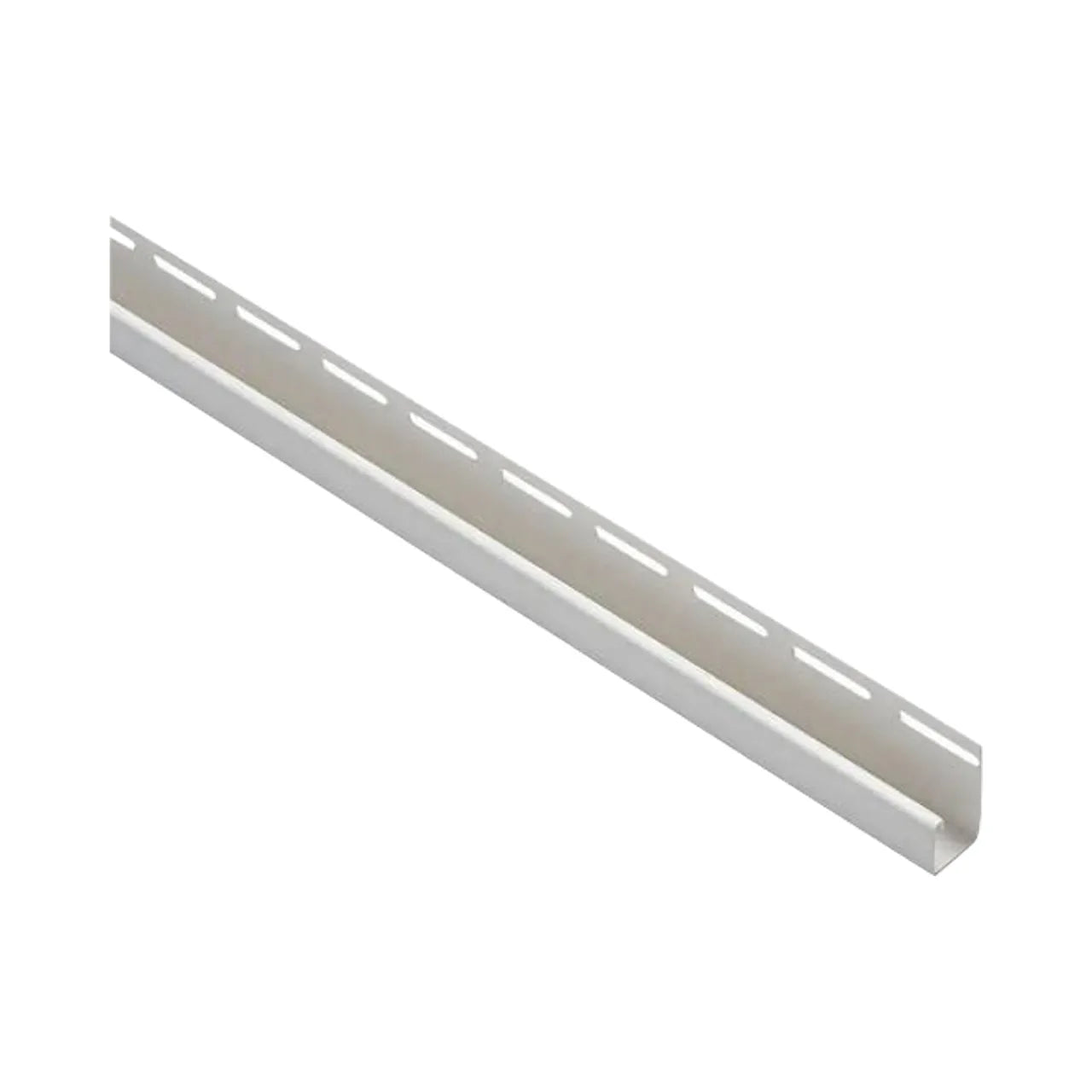 The Go Build Ply Gem 5/8 in. x 1-1/2 in. x 12.6 ft. J-Channel in white is a durable, metal corner trim with rectangular holes, ideal for white siding or as a vinyl alternative, shown isolated on a white background.